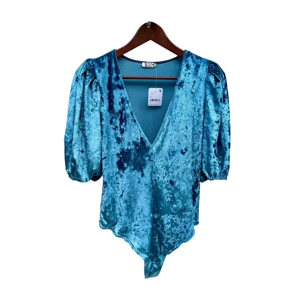 NWT Free People Don’t You Wish Crushed Velvet Bodysuit Deep Teal Small S